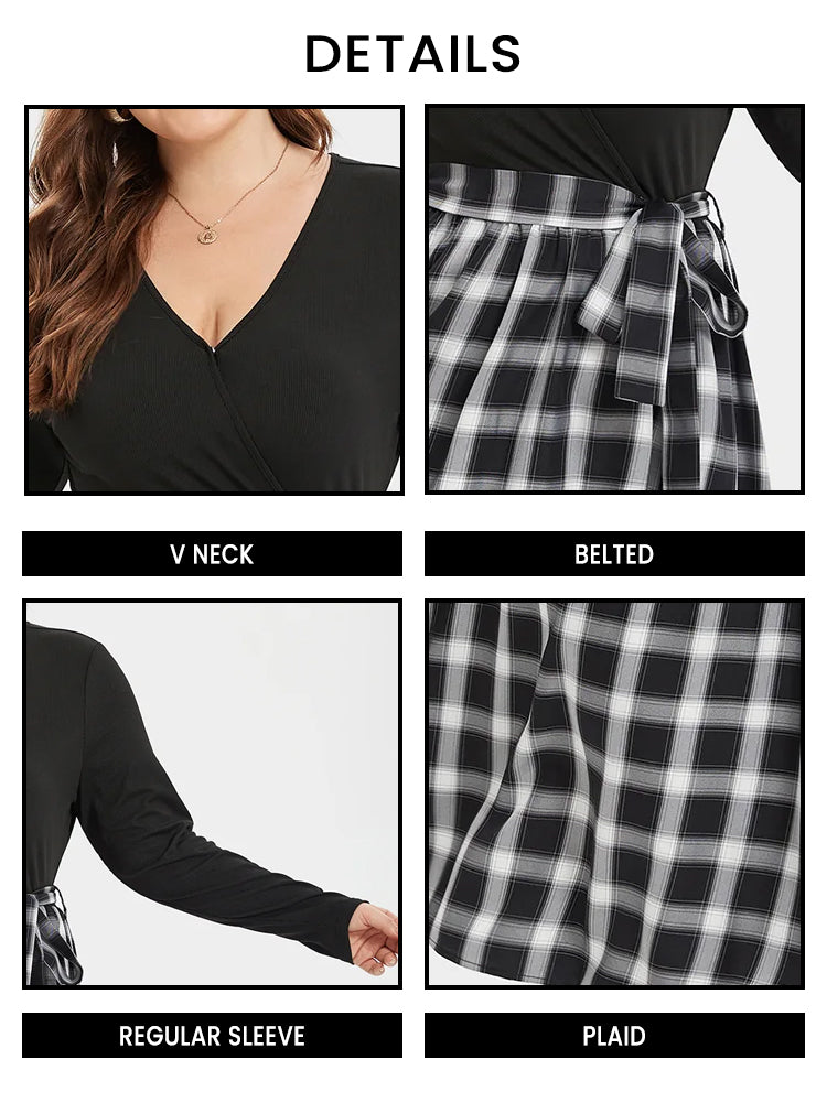 VIP Plaid Print V-Neck Belted Midi Dress