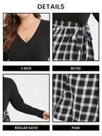 VIP Plaid Print V-Neck Belted Midi Dress