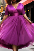 Xpluswear Design Plus Size Prom Elegant Purple Spring Summer Wrap Neck Short Sleeve Contrast Tulle Midi Dresses