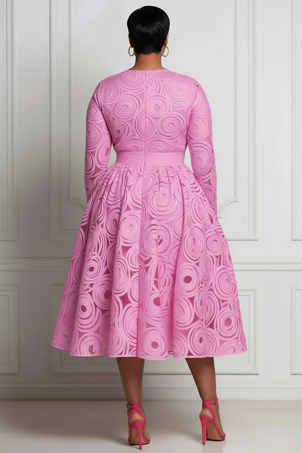 Xpluswear Design Plus Size Red All Over Print Round Neck Long Sleeve Pocket Elegant Satin Midi Dresses