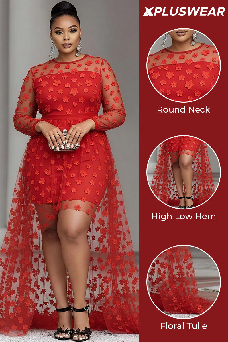 Xpluswear Design Plus Size Party Red Round Neck Long Sleeve High Low Hem Elegant See Through Tulle Mini Dresses
