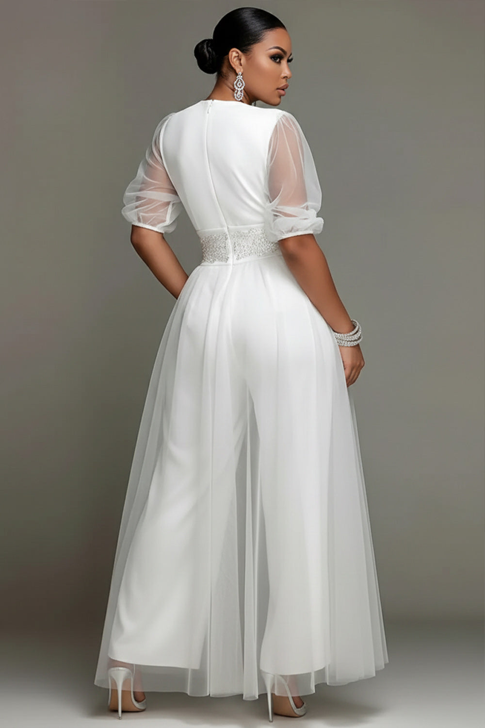 Xpluswear Design Plus Size Cocktail Party Elegant Tulle White V Neck Short Sleeve With Skirt Overlay Pocket Satin Jumpsuits