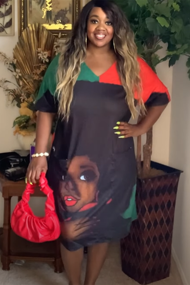 Xpluswear Plus Size V Neck African Short Sleeve Cute Black Girl Print With Pockets Midi Dress-Red