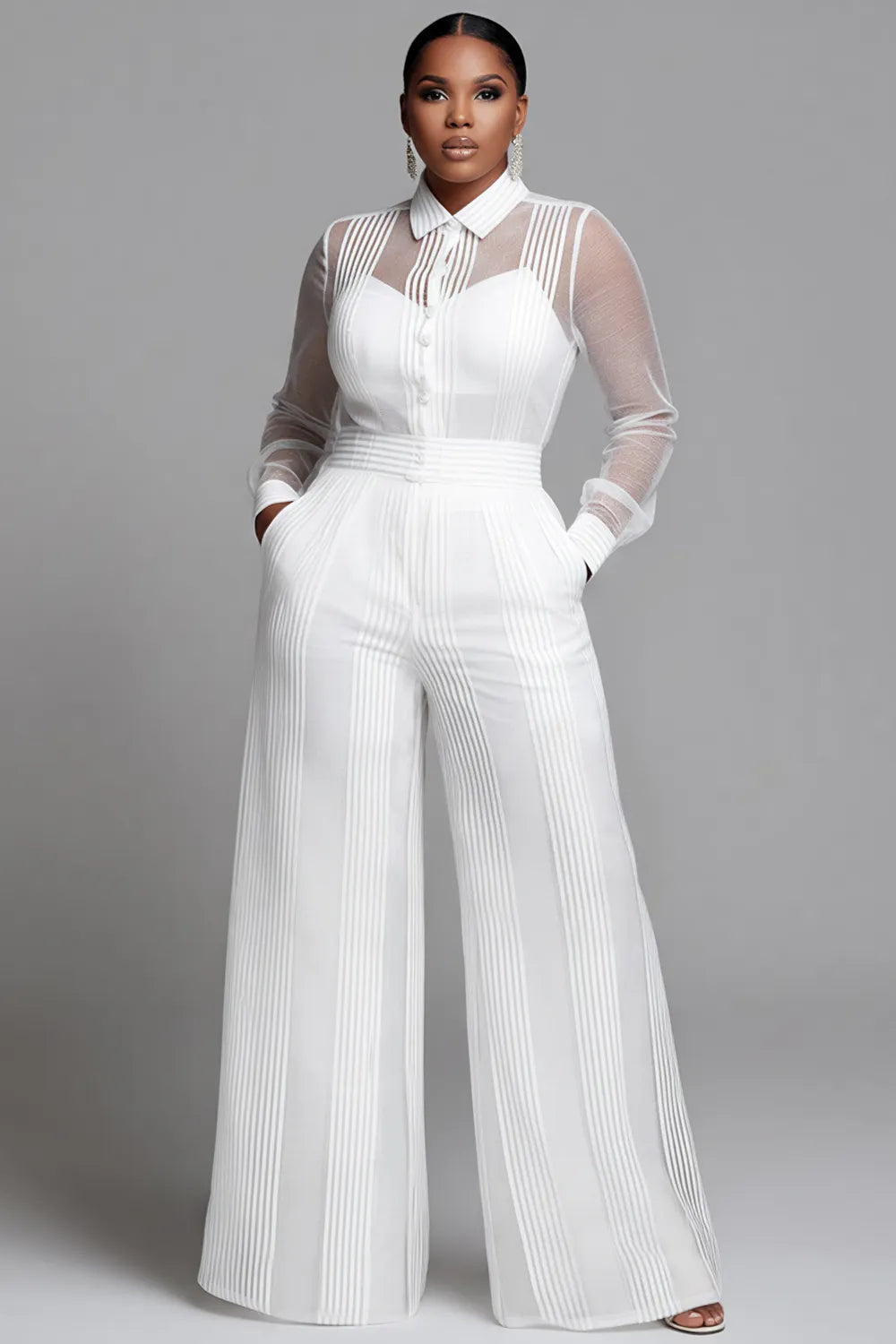 Xpluswear Design Plus Size Business Casual White Striped Shirt Collar Long Sleeve See Through Wide Leg Two Piece Pant Sets
