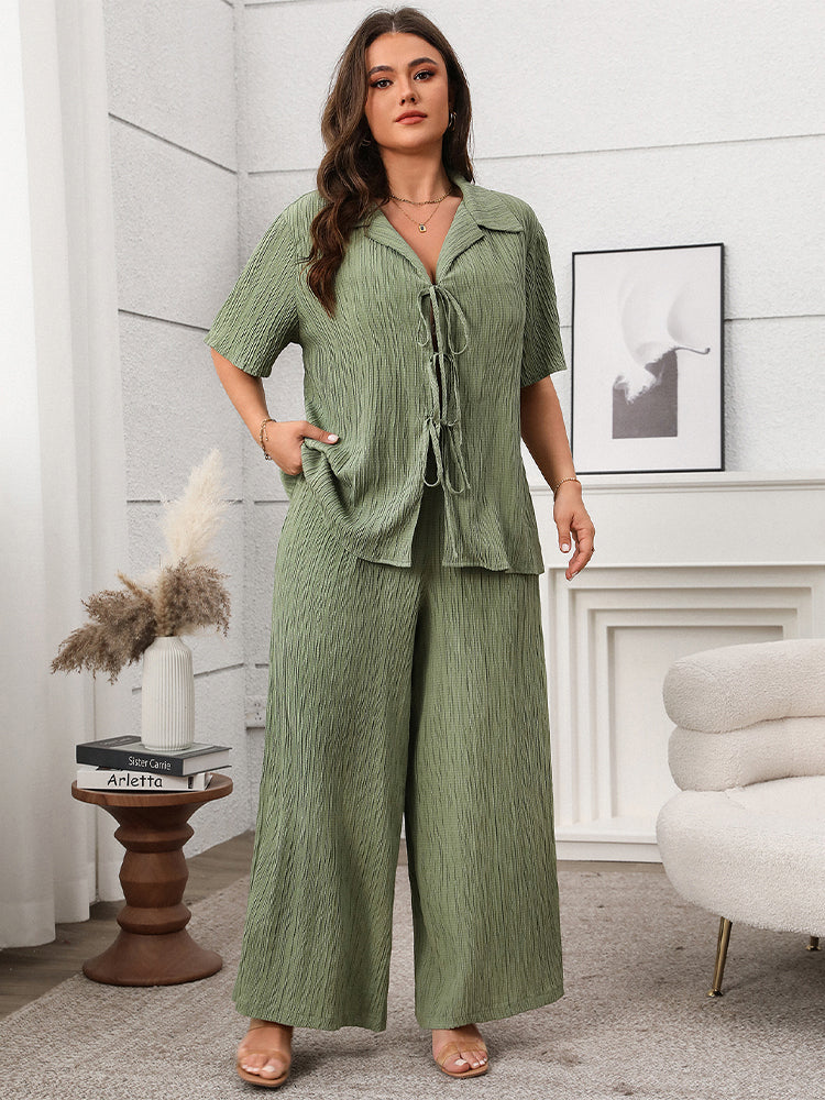 Solid Tie-Front Top & Wide Leg Pants Set