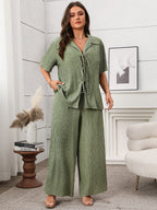Solid Tie-Front Top & Wide Leg Pants Set