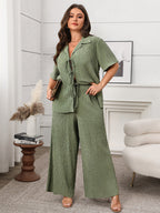 Solid Tie-Front Top & Wide Leg Pants Set