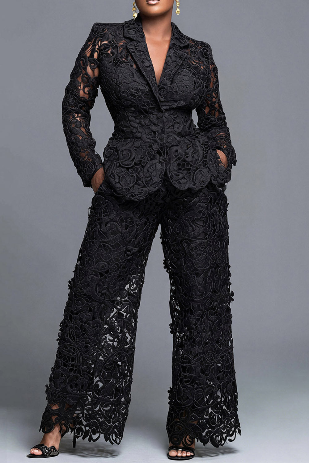 Xpluswear Design Plus Size Formal Black Lapel Collar Long Sleeve Cut Out Pocket Guipure Lace Two Piece Pant Suits