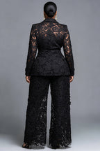 Xpluswear Design Plus Size Formal Black Lapel Collar Long Sleeve Cut Out Pocket Guipure Lace Two Piece Pant Suits