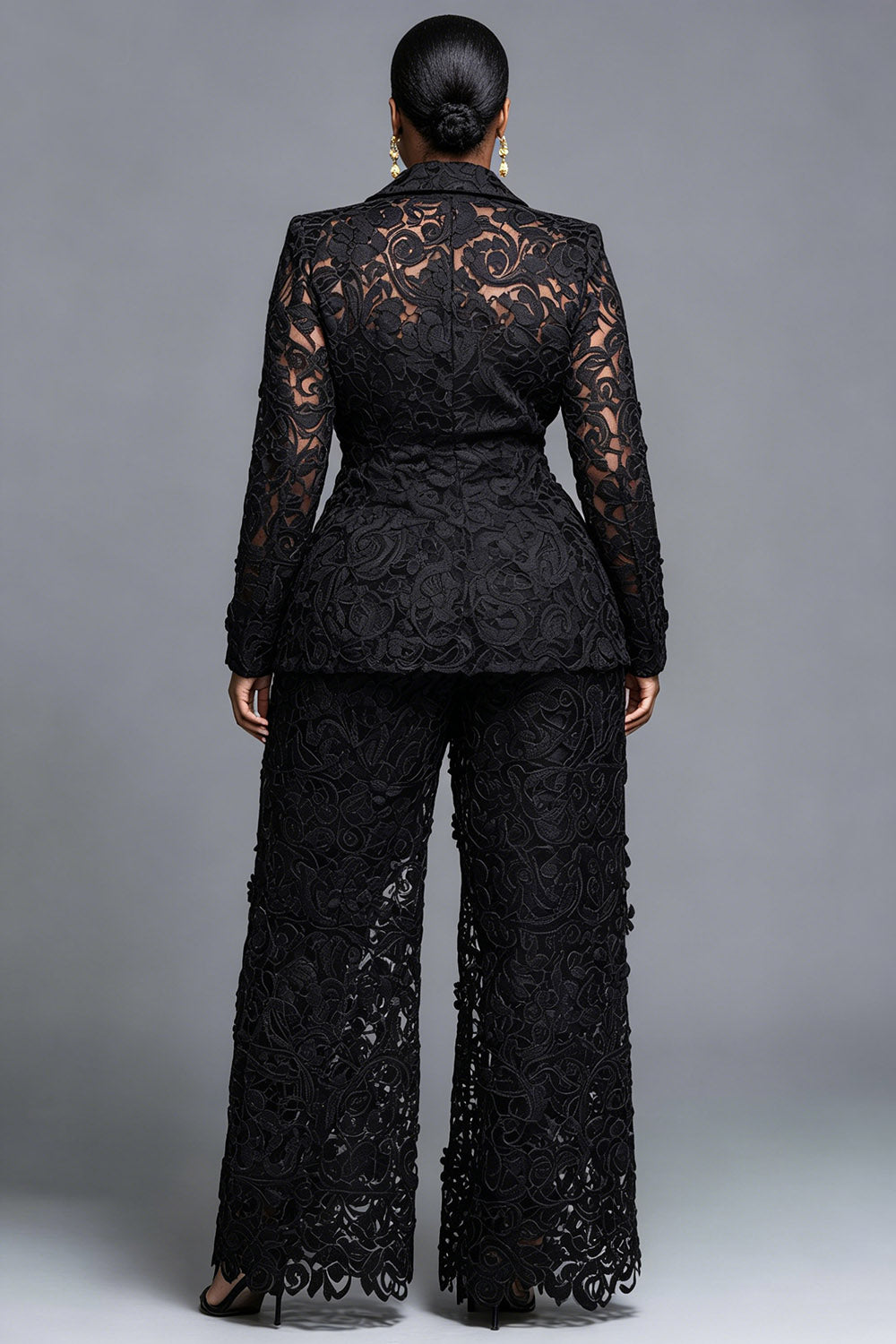 Xpluswear Design Plus Size Formal Black Lapel Collar Long Sleeve Cut Out Pocket Guipure Lace Two Piece Pant Suits