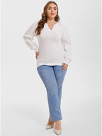 VIP Solid Notched Neck Pleated Sleeve Blouse