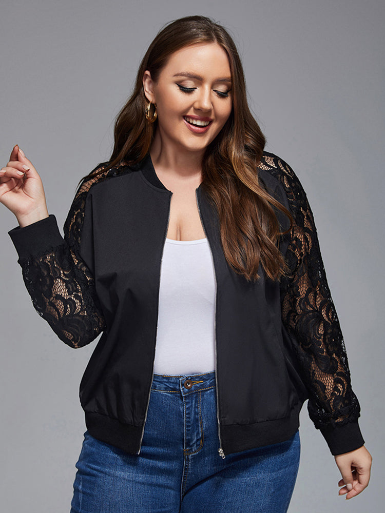 Plus Black Lace Zipper Front Raglan Sleeve Jacket