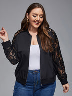 Plus Black Lace Zipper Front Raglan Sleeve Jacket