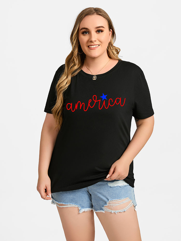 Plus Black Letter Print Round Neck Graphic Tee