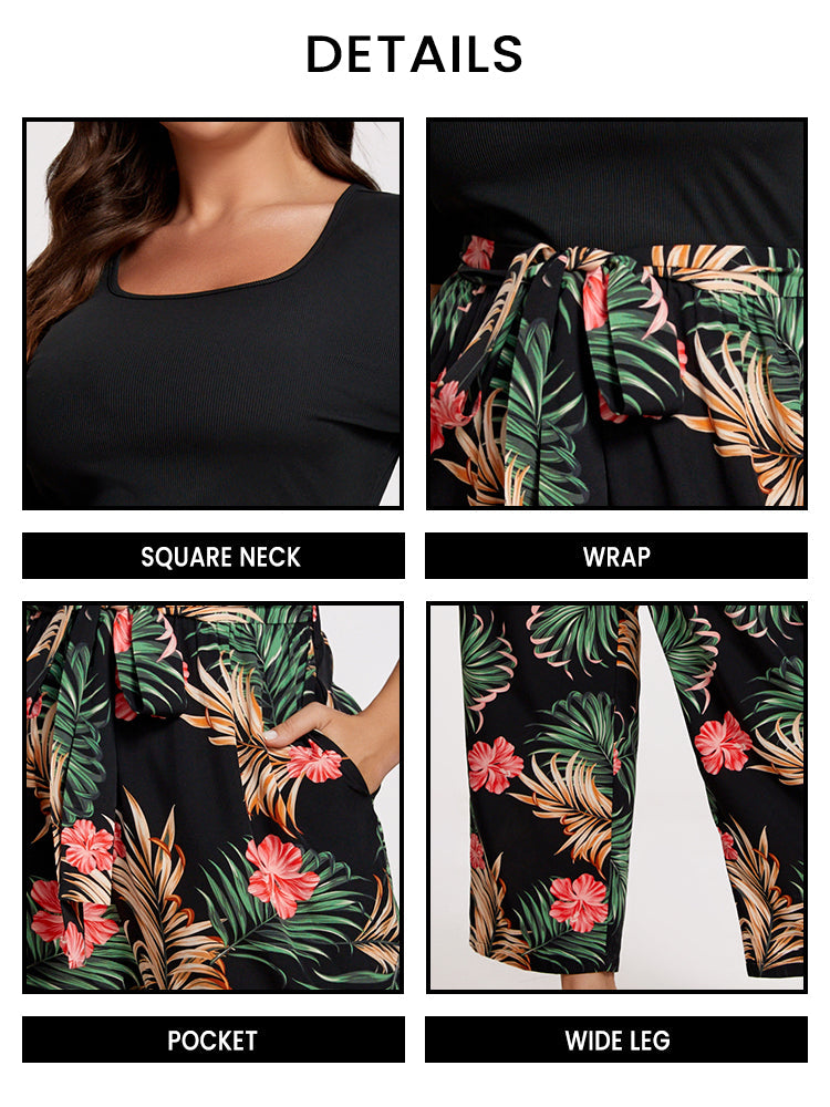 VIP Plus Tropical Print Square Neck Belted Jumpsuit