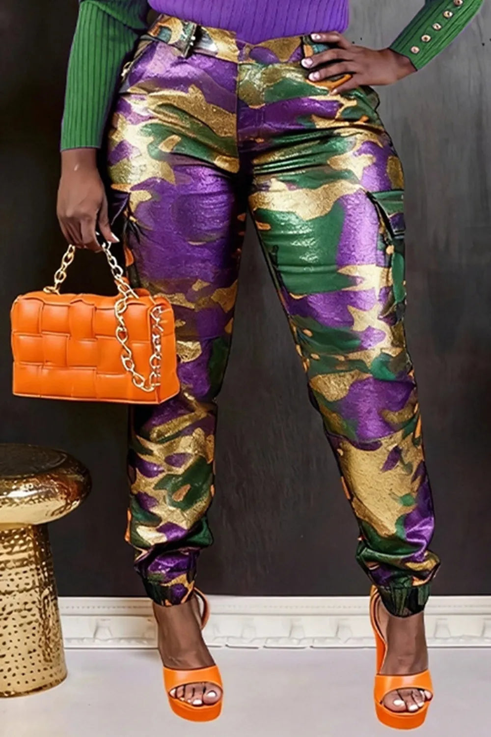 Plus Size Mardi Gras Multicolor Camo Cargo Jogging Metallic Pants