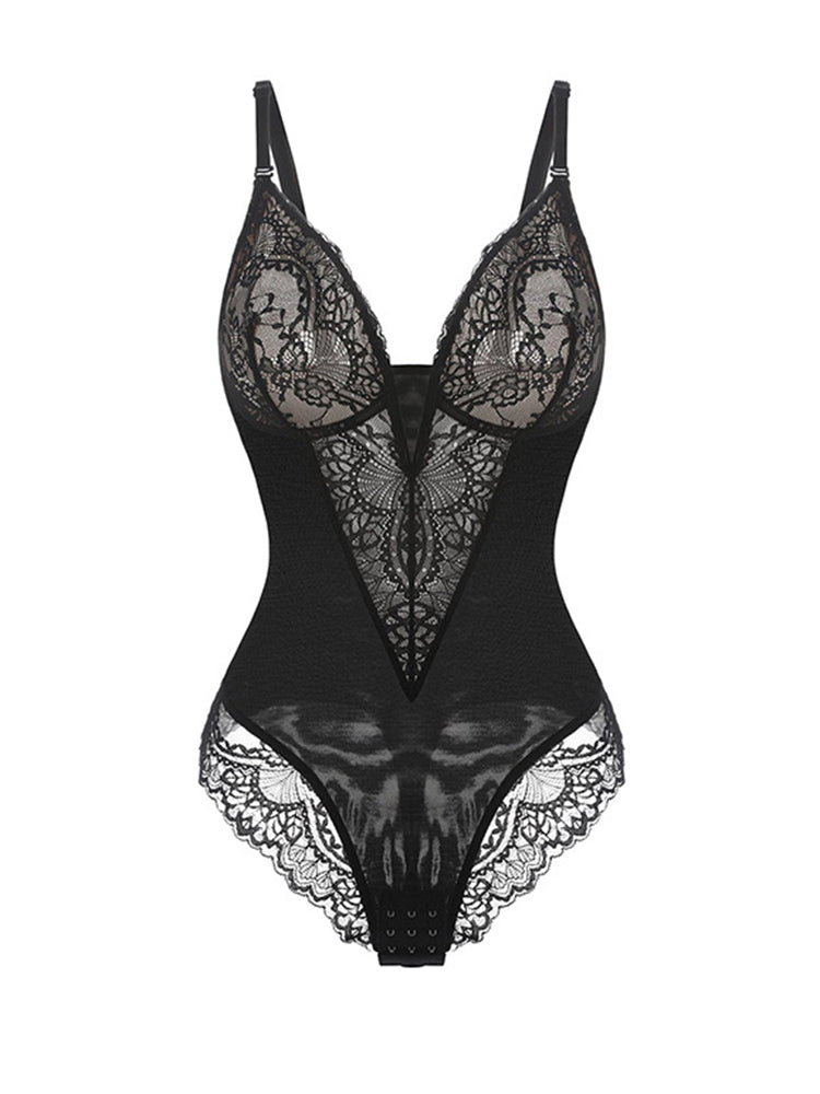 Contrast Lace Crotch Opening Cami Shapewear Bodysuit