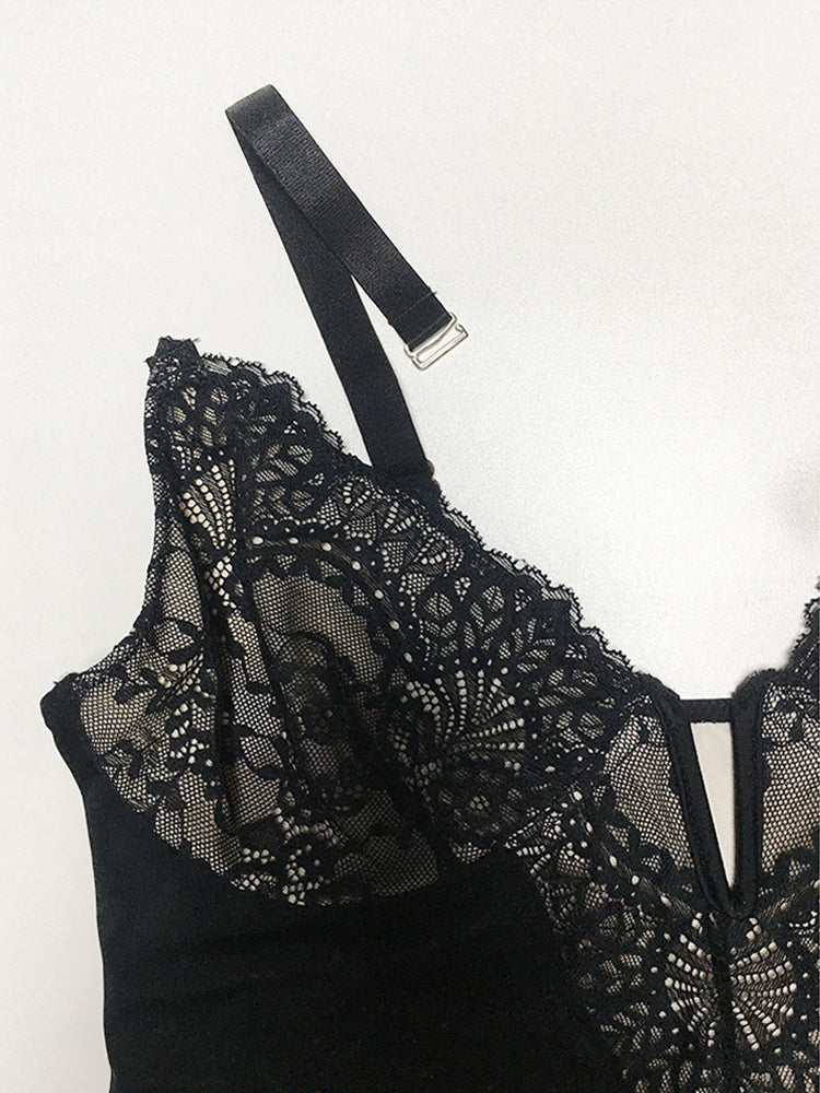 Contrast Lace Crotch Opening Cami Shapewear Bodysuit