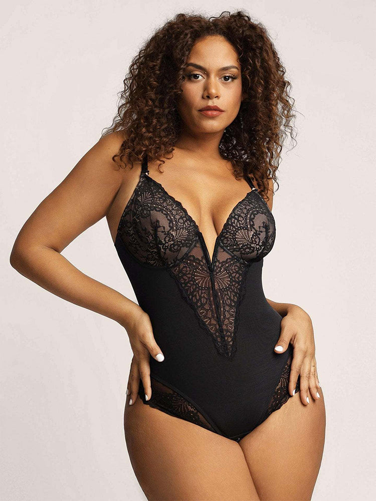 Contrast Lace Crotch Opening Cami Shapewear Bodysuit