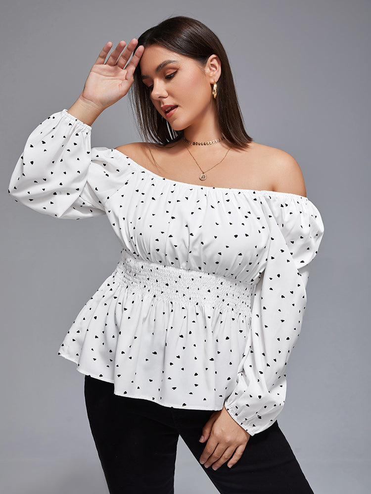 Plus Heart Print Square Neck Shirred Blouse