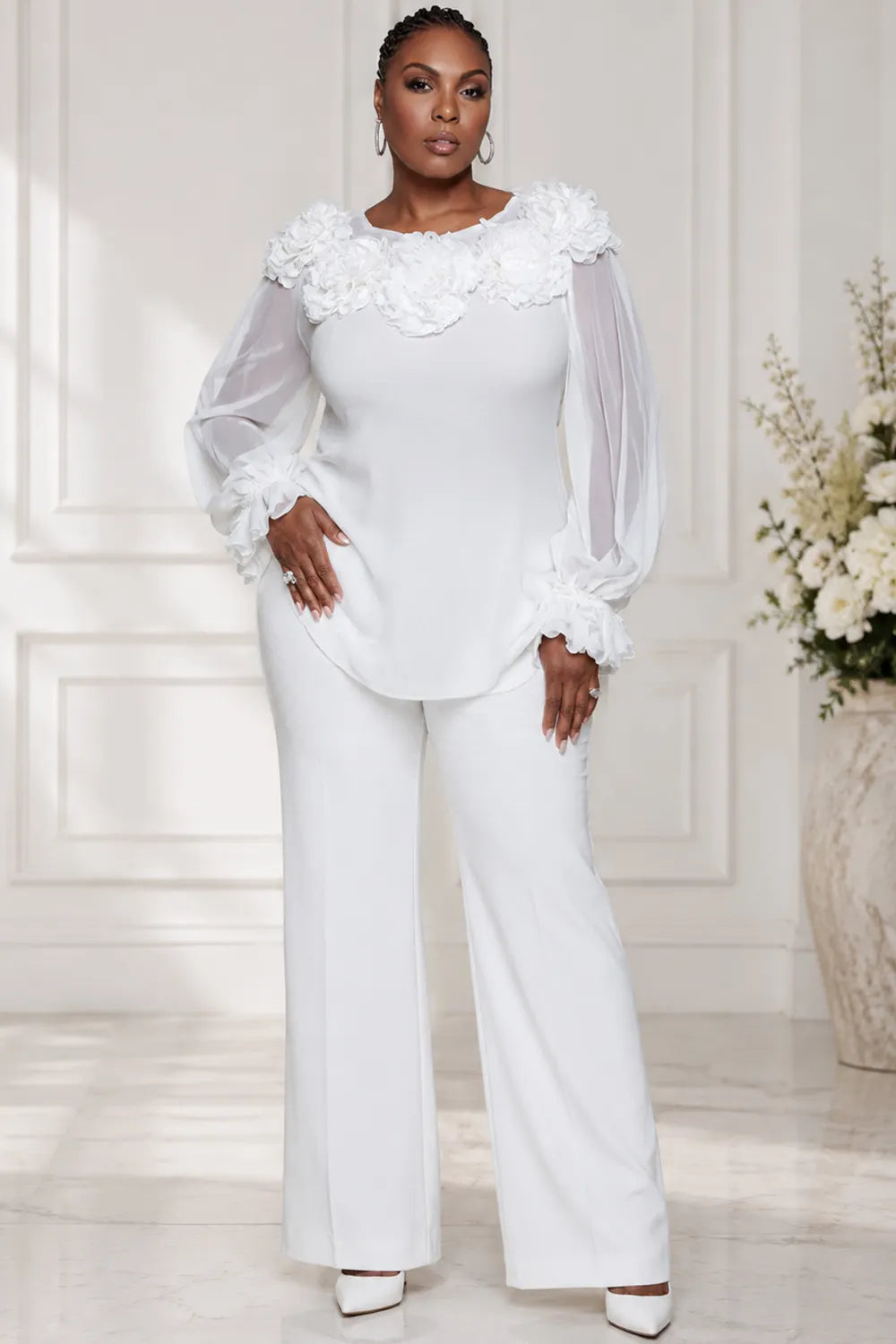 Xpluswear Design Plus Size Daily White Round Neck Lantern Sleeve Long Sleeve 3D See Through Chiffon Blouses [Pre-Order]