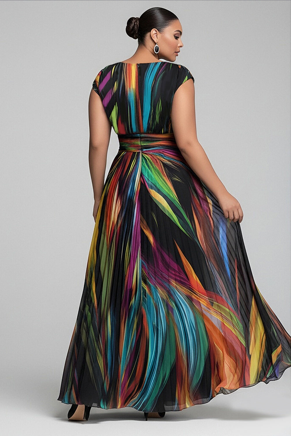 Xpluswear Design Plus Size Formal Elegant Multicolor Colorblock V Neck Short Sleeve Chiffon Maxi Dresses