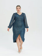 VIP Contrast Mesh Lantern Sleeve Wrap Sequin Midi Dress