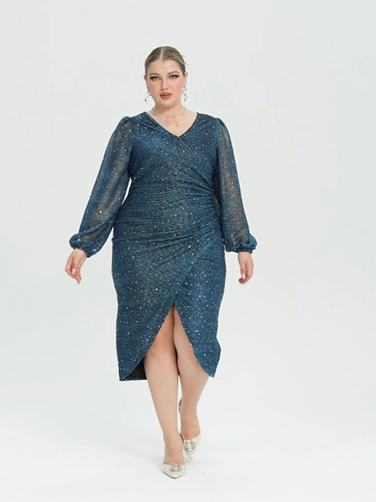 VIP Contrast Mesh Lantern Sleeve Wrap Sequin Midi Dress