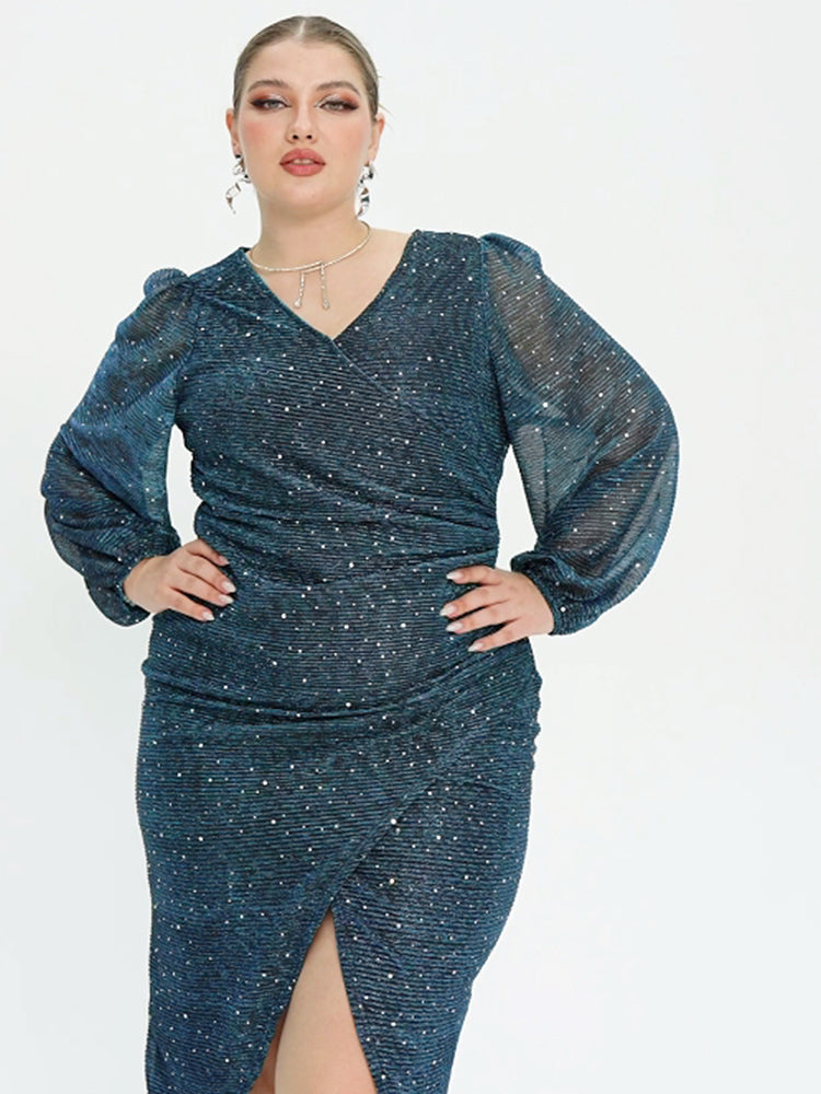 VIP Contrast Mesh Lantern Sleeve Wrap Sequin Midi Dress