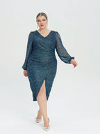 VIP Contrast Mesh Lantern Sleeve Wrap Sequin Midi Dress