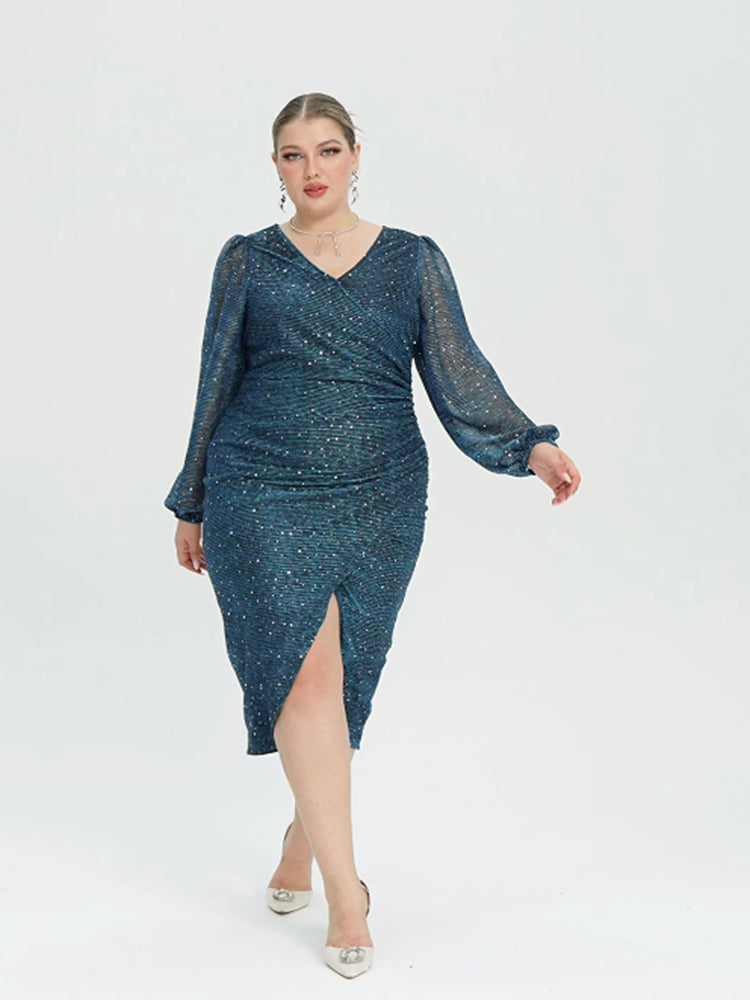 VIP Contrast Mesh Lantern Sleeve Wrap Sequin Midi Dress