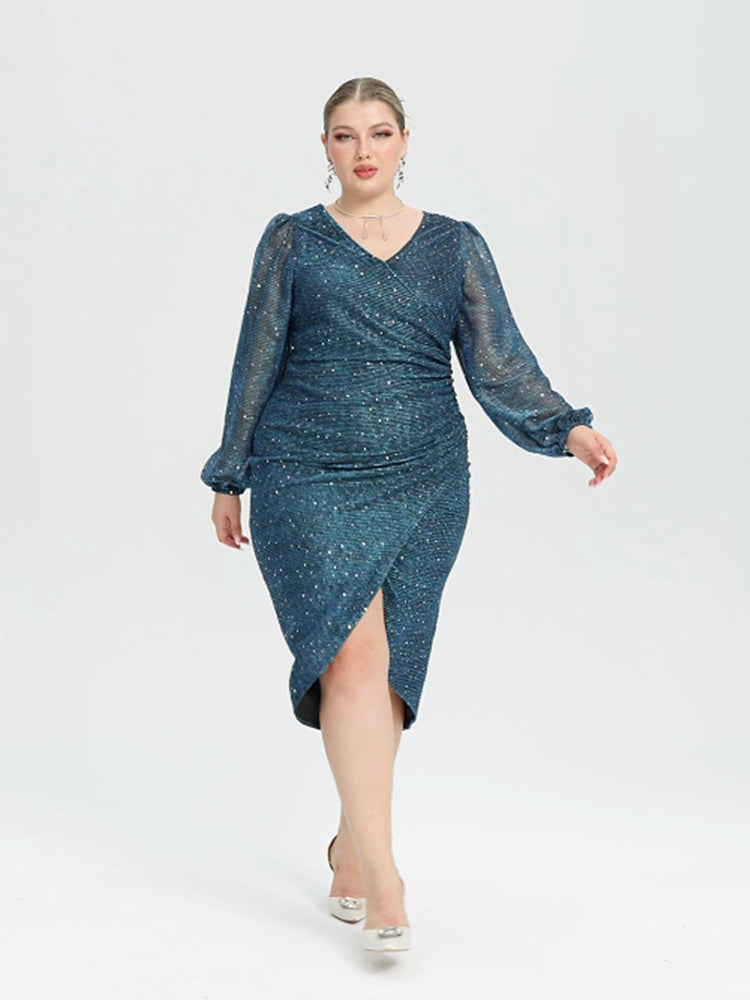 VIP Contrast Mesh Lantern Sleeve Wrap Sequin Midi Dress