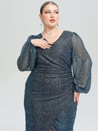 VIP Contrast Mesh Lantern Sleeve Wrap Sequin Midi Dress