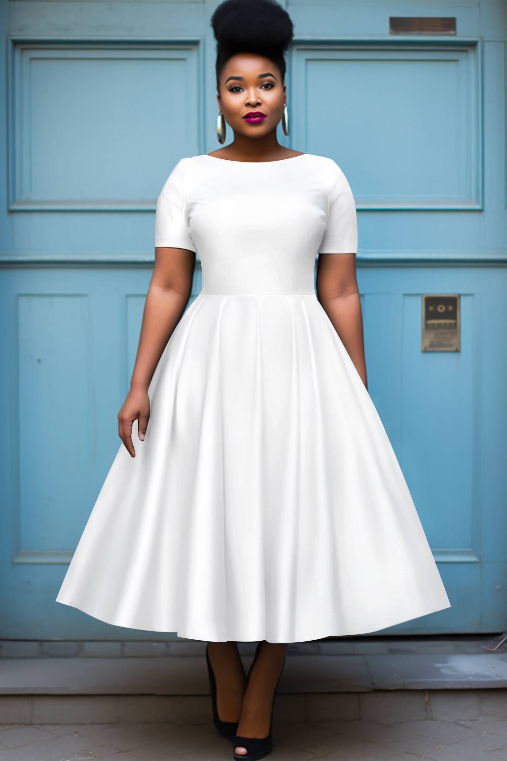 Xpluswear Design Plus Size Semi Formal Black Round Neck Short Sleeve Midi Dresses
