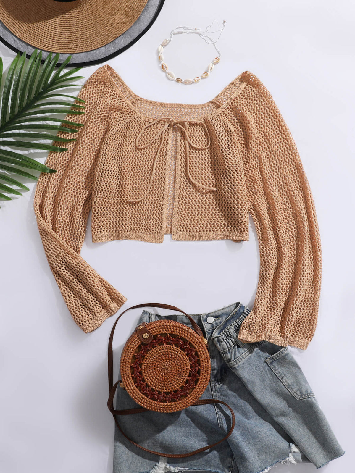 Plus Beige Tie Front Crochet Cover Up