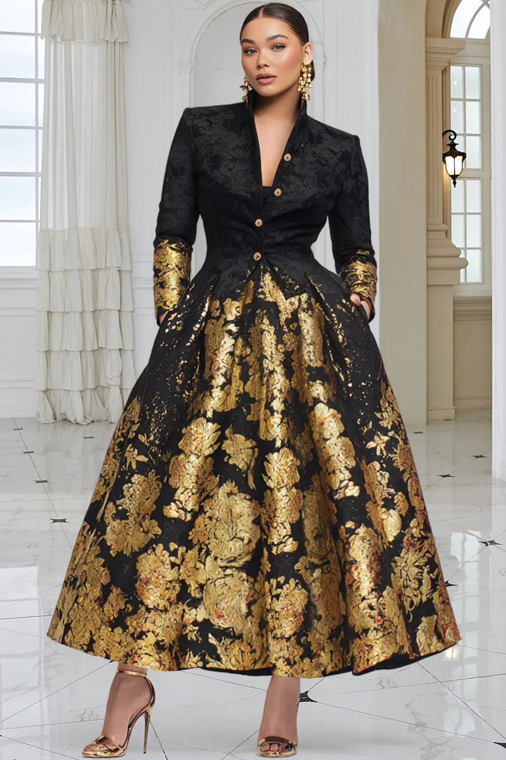 Xpluswear Design Plus Size Churchs Black Graphic Long Sleeve Pocket Elegant Button Satin Maxi Dresses