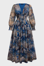 Curveins Plus Size V Neck Long Sleeve Floral Waist Maxi Dress