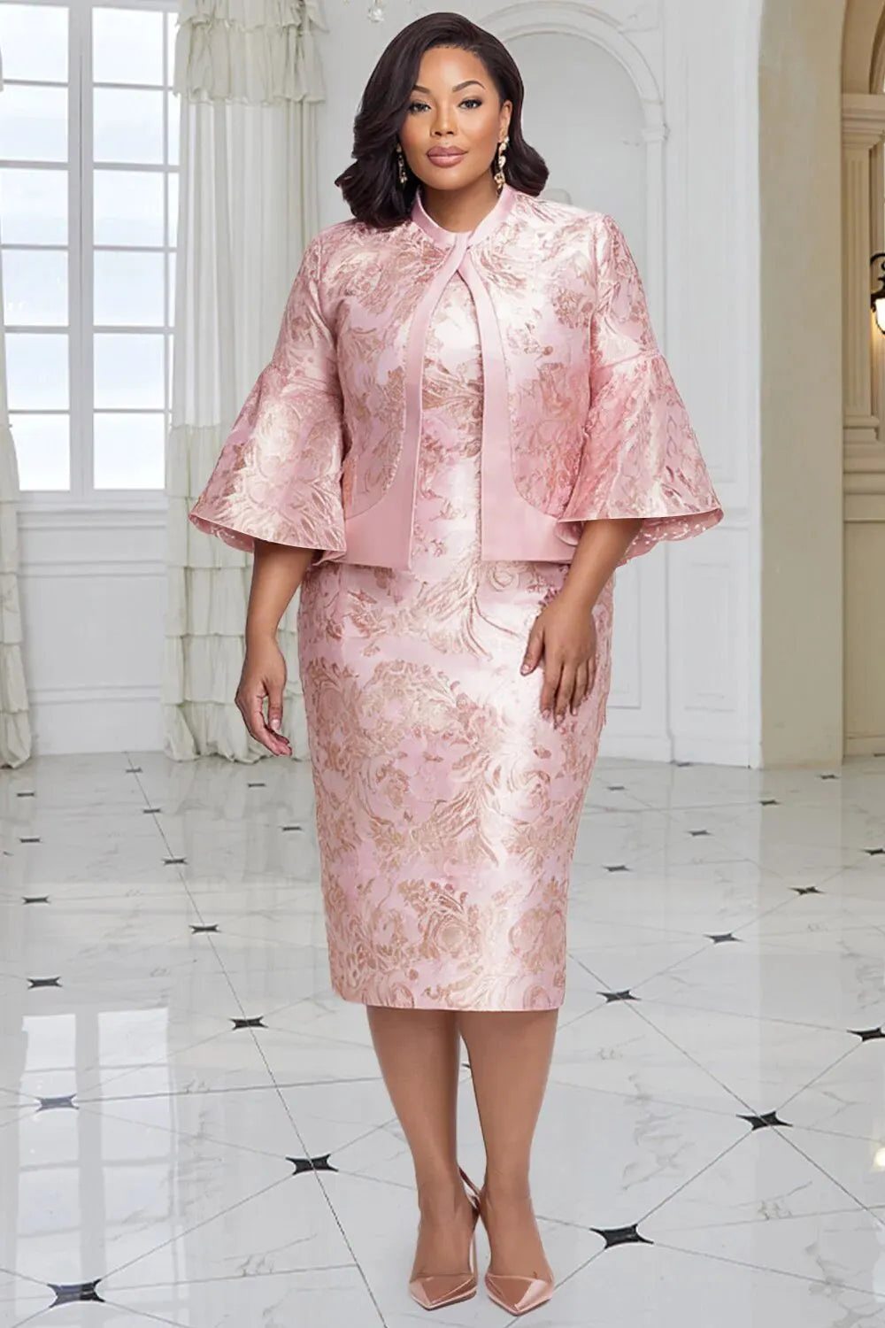Xpluswear Design Plus Size Formal Pink Floral Flare 3/4 Sleeve Bodycon Satin Two Piece Dress Set