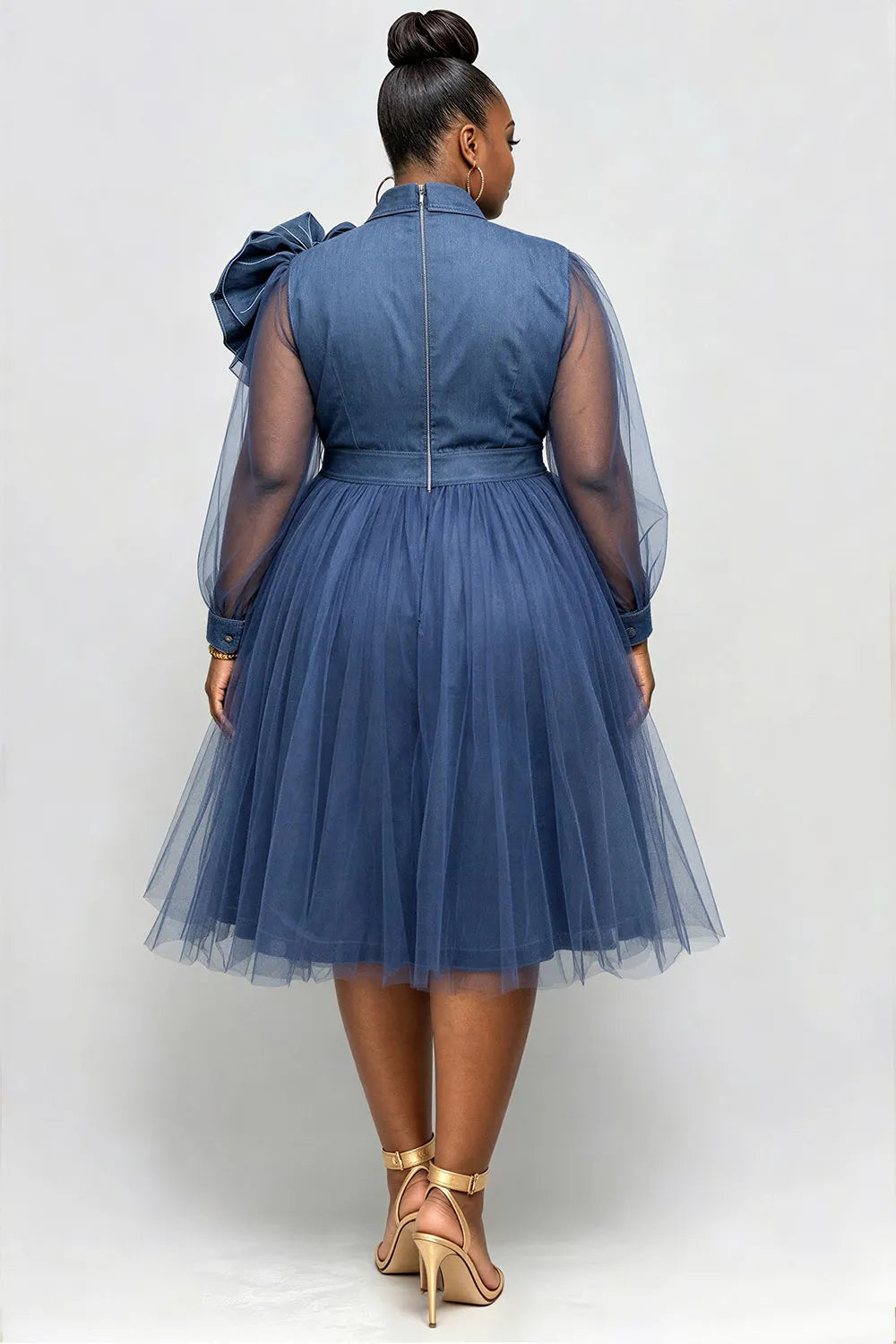 Xpluswear Design Plus Size Semi Formal Tulle Blue Shirt Collar Long Sleeve 3D Elegant See Through Denim Midi Dresses
