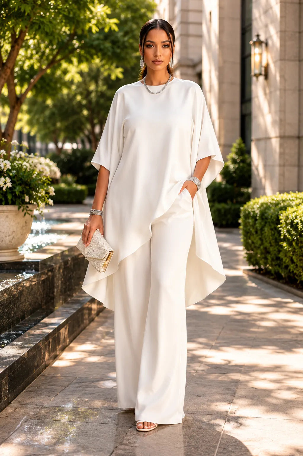 Xpluswear Design Plus Size Vacation White Round Neck Flare Half Sleeve Asymmetric Hem Pocket Two Piece Pant Sets
