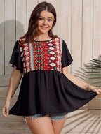 Plus Black Graphic Print Flutter Sleeve Ruffle Hem Blouse