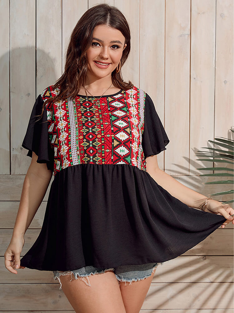 Plus Black Graphic Print Flutter Sleeve Ruffle Hem Blouse