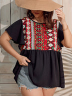 Plus Black Graphic Print Flutter Sleeve Ruffle Hem Blouse