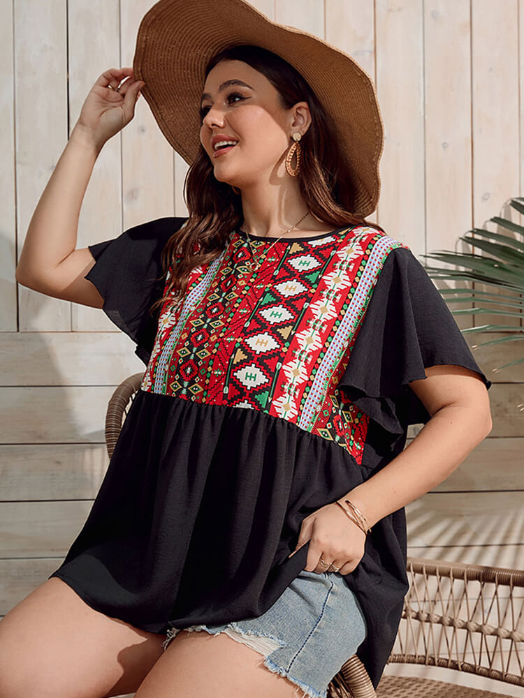 Plus Black Graphic Print Flutter Sleeve Ruffle Hem Blouse