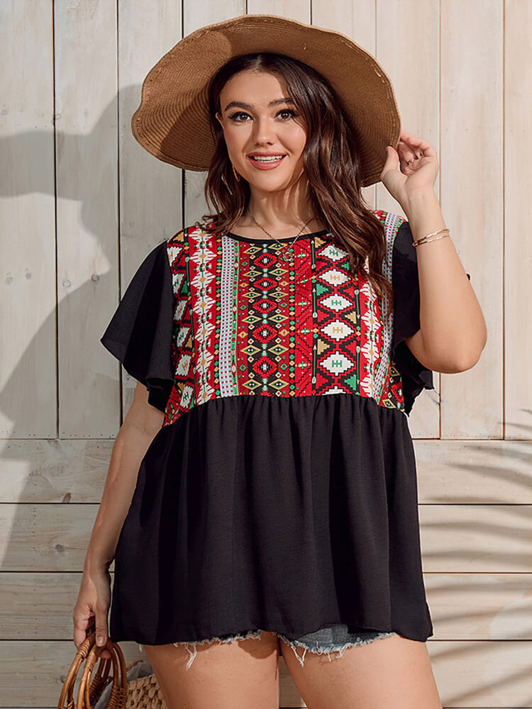 Plus Black Graphic Print Flutter Sleeve Ruffle Hem Blouse