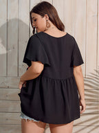 Plus Black Graphic Print Flutter Sleeve Ruffle Hem Blouse