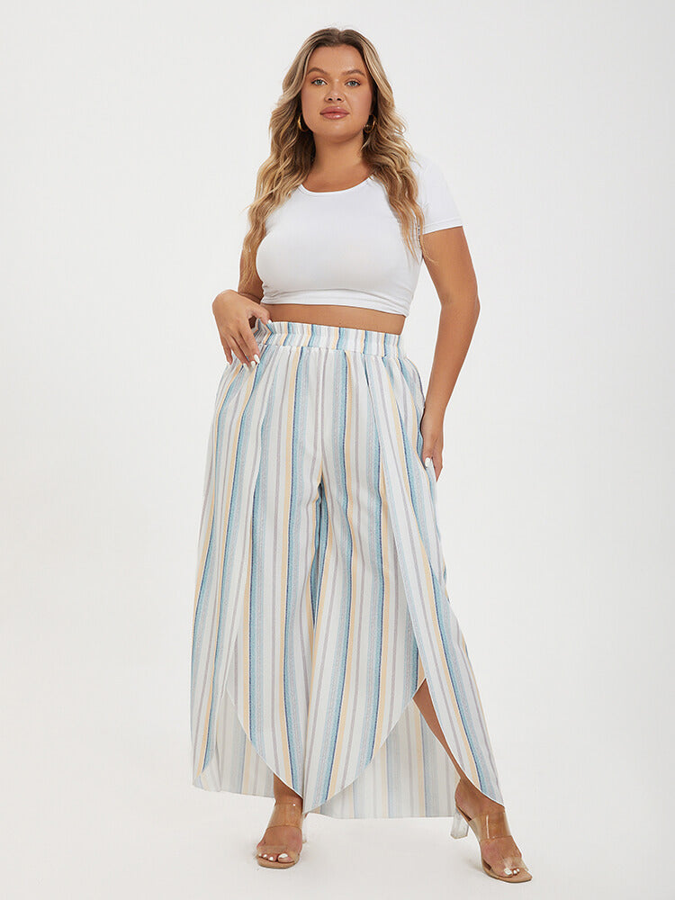 Plus Colorblock Striped Tulip Hem Elastic Waist Wide Leg Pants