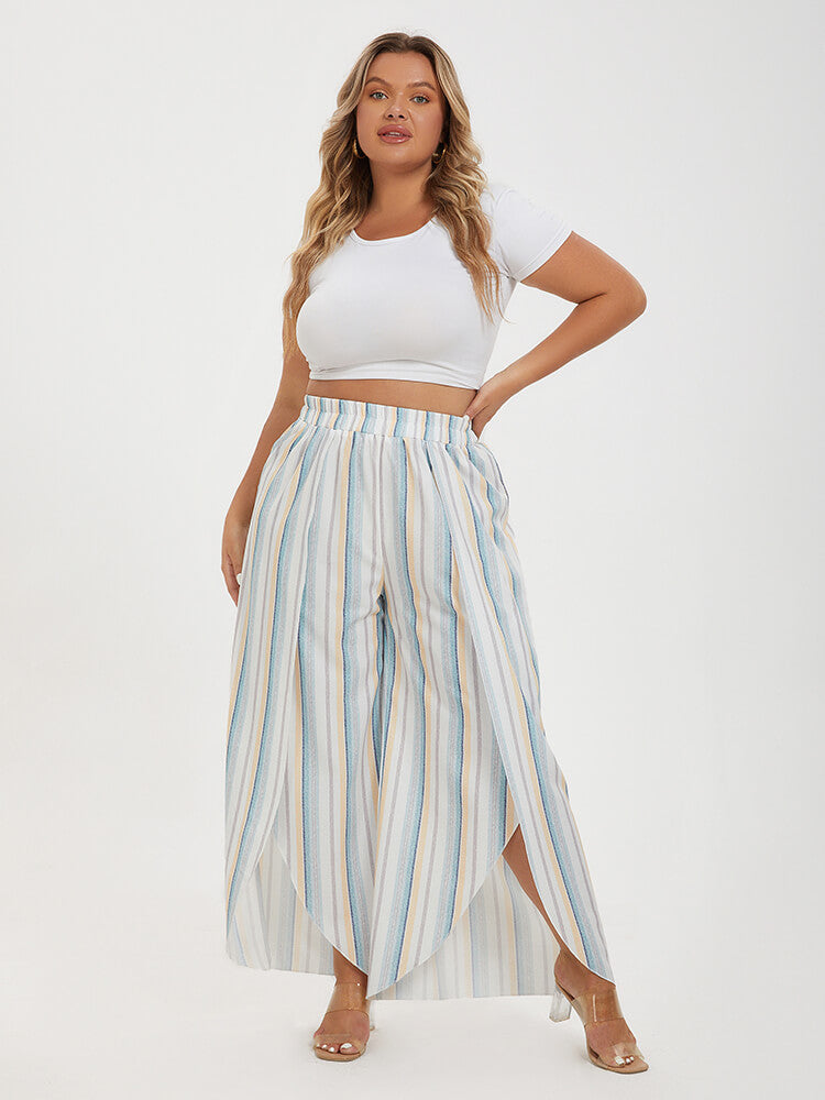 Plus Colorblock Striped Tulip Hem Elastic Waist Wide Leg Pants
