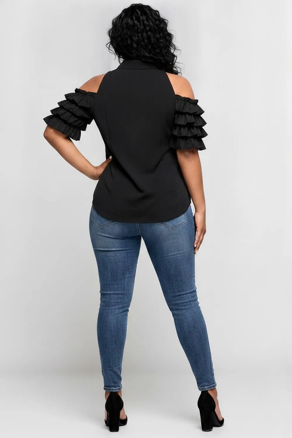 Xpluswear Design Plus Size Business Casual Black Shirt Collar Cold Shoulder Short Sleeve Ruffle Tiered Blouses