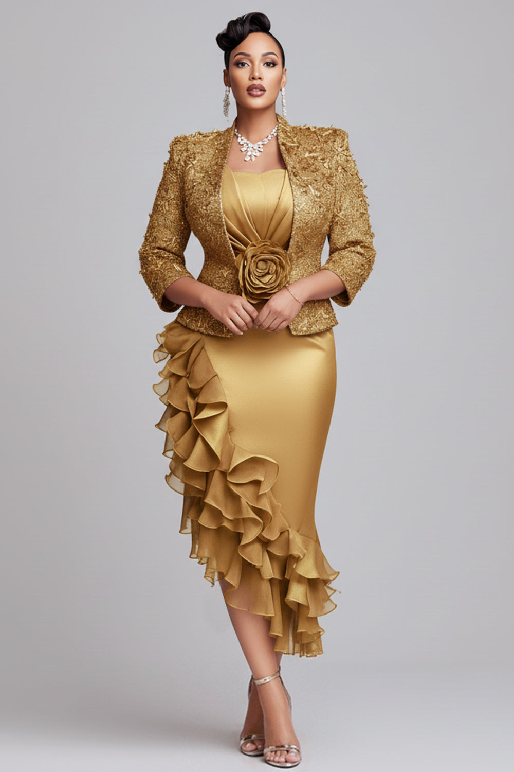Xpluswear Design Plus Size Churchs Gold 3/4 Sleeve Ruffle Elegant 3D Two Piece Dress Set